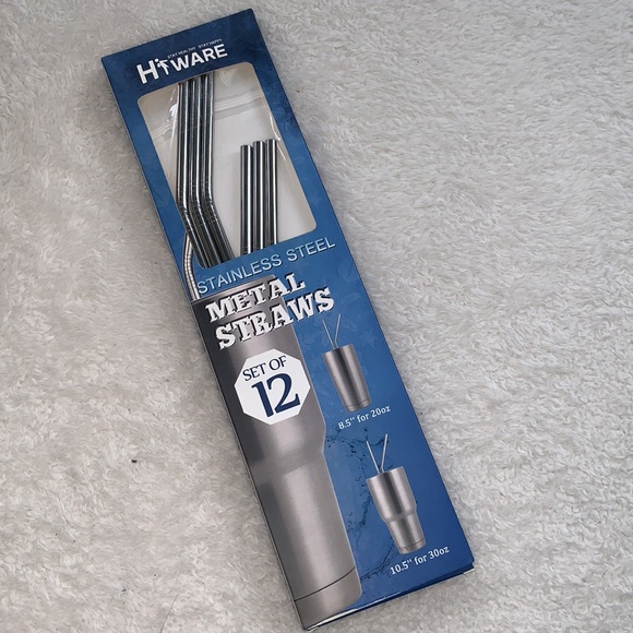 Hiware Other - NEW Reusable Straw Set with Cleaning Brush and Bag Silver Stainless Steel